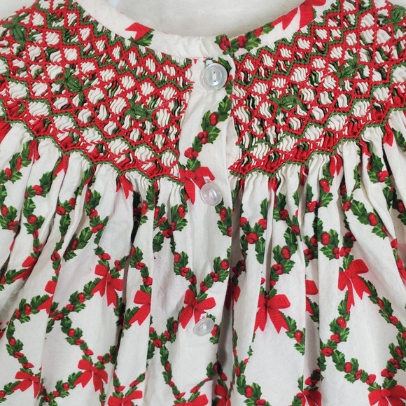 Toddler Girls Three Sisters Smocked Christmas Bow Bishop Dress Size 18 Months - Picture 5 of 8